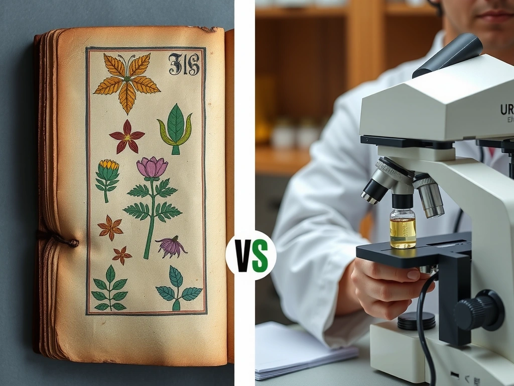 Antico manoscritto con disegni di piante medicinali e strumenti di laboratorio moderni.